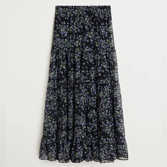 Mango Matching Set! XS/S Maxi Skirt + Blouse- Black Tiered- Purple Floral Print - Picture 3 of 14